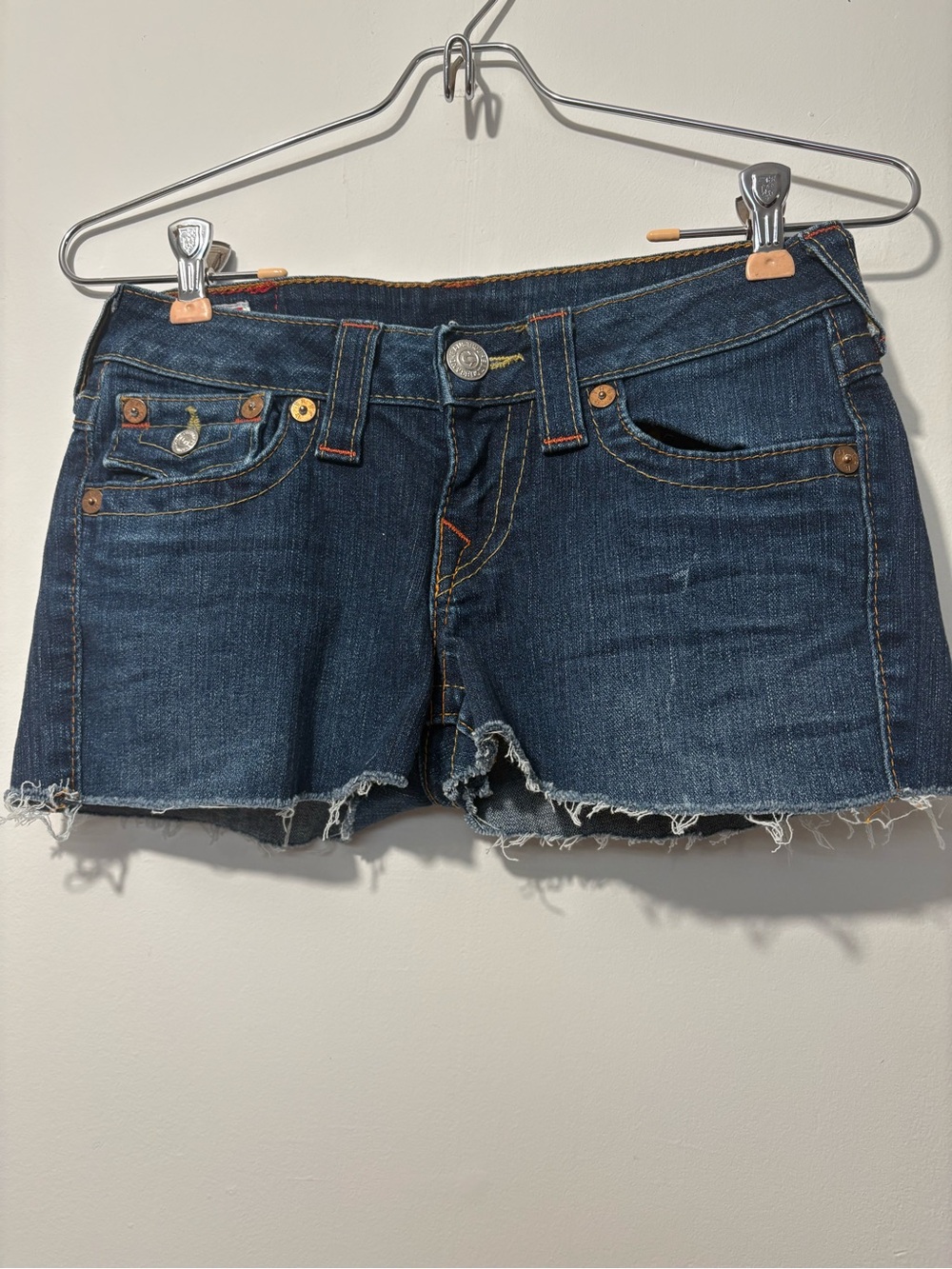 True Religion Dark Indigo Denim Cutoff Shorts with Frayed Hem
